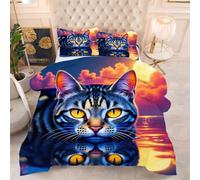 ZZXHG Couette 3D Imprimé Léger et Respirant, Chat Bleu, Housse de Couette 140x200 cm avec 2 Taies d'oreiller 65x65 cm, Literie Polyvalente 4 Saisons, pour Chambre à Coucher et Hôtel