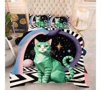 ZZXHG Couette 3D Imprimée | Chat Animal Vert, Confort Optimal & Pratique pour l'Été | Adaptée aux Couples, Salon Moderne, 160x200 cm avec 2 Taies Incluses
