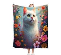 ZZXHG Couverture Plaid Polaire 150 x 200 Enfant Chat Blanc et Fleurs ColoréEs, Moelleuse Flanelle Couverture Lit 2 Personnes en Microfibre, Douce Chaude Plaid Jeté de Canapé Chambre Literie Polaire