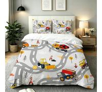 ZZXHG Housse de Couette 140x200 Voiture de Dessin Animé Grise, Parure de Lit 1 Personne en Microfibre, 3 Pièces Douce Pelleteuse Jaune Ensemble de Literie avec 2 Taies d'oreillers 65x65 cm