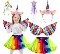 ZZXLOPEZ Deguisement Licorne Fille Princess Enfant, Lot de 4 Serre-tête Coloré avec Ailes, Jupe Arc-en-Ciel, Fée Baguette, Robe de Princesse avec Licorne pour Fête d'anniversaire, Halloween, Carnaval