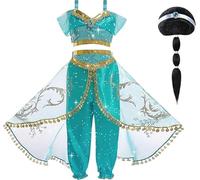 ZZXLOPEZ Déguisement Princesse Jasmine, Costume de Princesse Jasmine avec Accessoires de Perruque, Robe de Aladdin pour Filles Noël Halloween Anniversaire Fête Cosplay Carnaval 3-9 Ans(130cm)
