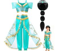 ZZXLOPEZ Déguisement Princesse Jasmine, Costume de Princesse Jasmine avec Accessoires de Perruque, Robe de Aladdin pour Filles Noël Halloween Anniversaire Fête Cosplay Carnaval 3-9 Ans(110cm)