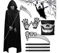 ZZXLOPEZ Halloween Faucheuse, Ensemble de costumes de faucheuse d'Halloween pour Hommes, Capuchon Noire avec Masque de Crâne, Gants, Faucille, pour Mascarade Halloweens Fête Cosplay Carnaval