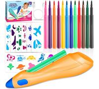ZZXLOPEZ Kit Aérographe Électrique pour Enfants, Airbrush Set pour Enfants avec 12 Feutres et 30 Pochoirs, Aérographe Électrique Set Fille 6 7 8 9 10 Ans, Stylos de Peinture Lavables pour Art (Orange)