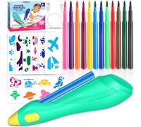 ZZXLOPEZ Kit Aérographe Électrique pour Enfants, Airbrush Set pour Enfants avec 12 Feutres et 30 Pochoirs, Aérographe Électrique Set Fille 6 7 8 9 10 Ans, Stylos de Peinture Lavables pour Art(Cyan)