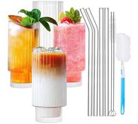 ZZXLOPEZ Lot de 4 Verres à Cocktail avec Paille, Verre Long Drink 300ML, Verre Vintage Style Origami, Tasses à Café Glacé pour Famille, Fête, Smoothie, Bière, Cocktail, Jus, Transparent