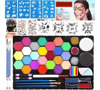 ZZXLOPEZ Peinture Corporelle Pour le Visage, 26 Colors Palette de Maquillage Enfant, Peinture Visage Enfant avec Pinceaux, Pochoirs, Diamant Autocollant, pour le Visage pour Halloween,Noël,Carnaval