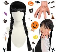 ZZXLOPEZ Perruque Mercredi avec Frange, Mercredi Famille Hand, Halloween Perruque Mercredi Addams pour Enfant, Main Effrayante en Latex pour Décoration Halloween, Accessoire Photo pour Cosplay