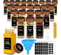 ZZXLOPEZ Pot à Épices en Verre et Bois, 24 Pièces 120ml Pots à Épices Set, Pot Epices Verre Carré, Récipient en Verre pour épices, Boite a Epices Cuisine Rangement - avec Étiquettes,Entonnoir,Brosse