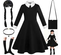 ZZXLOPEZ Robe Noire Halloween pour Fille, Princesse Robe Deguisement Enfant Fille avec Perruque Accessoires, Gothique Lolita, Halloween Carnaval Anniversaire Cosplay Deguisement pour Filles (130cm)
