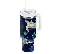ZZXXB Bouteille d'eau isotherme en acier inoxydable avec poignée et couvercle à paille, tasse de voyage à double paroi, motif tortues corail, 1,2 l