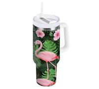 ZZXXB Bouteille d'eau isotherme en acier inoxydable avec poignée et couvercle à paille - Tasse de voyage à double paroi - Motif flamants roses tropicaux - 1,2 l
