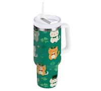 ZZXXB Lucky Clover Cat Bouteille d'eau isotherme en acier inoxydable avec poignée et couvercle à paille - Tasse de voyage à double paroi - 1,2 l