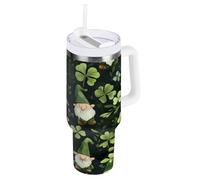 ZZXXB Lucky Clover Gnome Bouteille d'eau isotherme en acier inoxydable avec poignée et couvercle à paille Tasse de voyage à double paroi 1,2 l