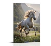 ZZXYHM Poster animal d'un cheval sauvage en mouvement avec des montagnes et des fleurs derrière l'art mural décoratif moderne à suspendre 30 x 45 cm
