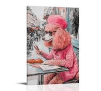 ZZXZHTHB Art Animals - Caniche Parisien Café - Béret rose portant un caniche esquisse croissants au café de Montmartre - Décoration murale moderne à suspendre - 50 x 75 cm